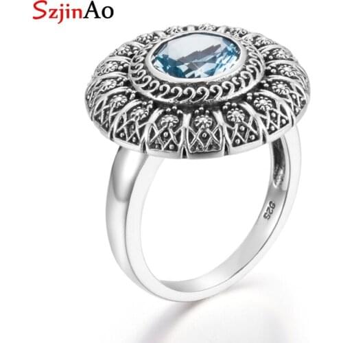 SzjinAo Handmade Round Aquamarine Rings For Women March Birthstone Solid 925 Sterling Silver Luxury Fine Jewelry Men Accessoires