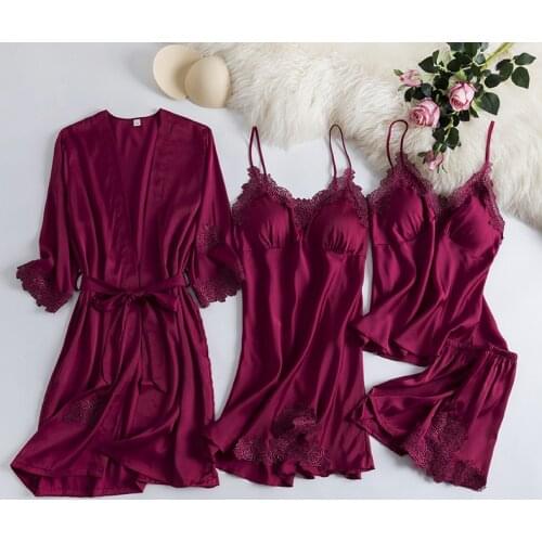 MECHCITIZ 4 Pieces Women Robe Gown Sets Lace Satin Sleepwear Summer Silk Bathrobe Nightwear Pyjama Short Sleep Robes Lounge Set