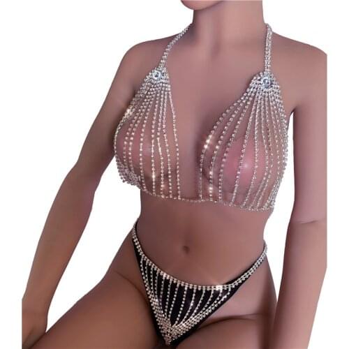 Full Rhinestones Sexy Women Body Accessories Necklace Bra Chest Chain Top Crystal Bikini Thong Panties Belly Waist Chain Set