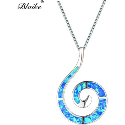 Blaike Ocean Blue White Fire Opal Conch Pendant Wave Necklaces For Women 925 Sterling Silver Spiral Choker Female Fine Jewelry