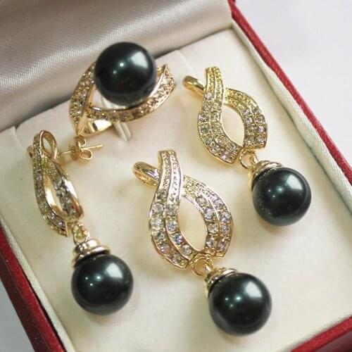 Hot! perfect match beautiful jewelry 18KGP + 12mm black shell pearl pendant, earring, , ring set