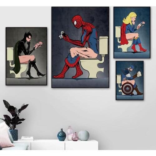 Marvel Superhero Character Read Magazine In The Toilet Painting Cartoon Canvas Posters Prints Bathroom Decor Wall Art Picture
