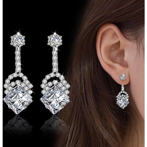 Fashion Luxury Cubic Zirconia Wedding Engagement Earring For Femal 925 Sterling Silver Earring Geometric Design Jewelry