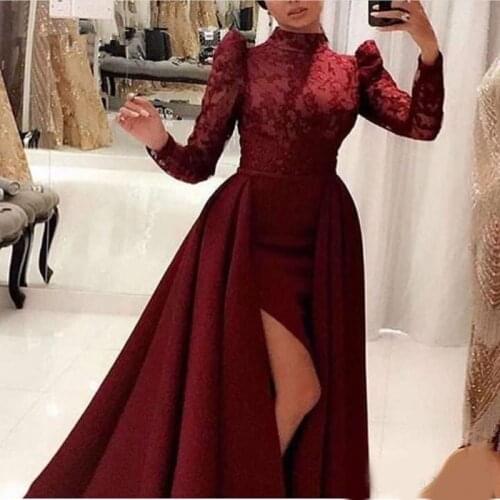 Burgundy Muslim Evening Dresses A-line High Collar Long Sleeves Slit Lace Dubai Saudi Arabic Long Evening Gown Prom Dress