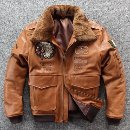 Mens winter aviator jacket fur collar genuine leather leather men pilot bomber jacket embroidery pattern real leather coat male
