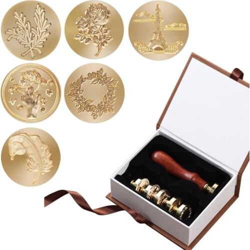 HOT Wax Seal Stamp Set 6PCS Botanical Sealing Wax Stamp Brass Heads 1PC Wooden Handle Sealing for Invitations Cards Envelopes