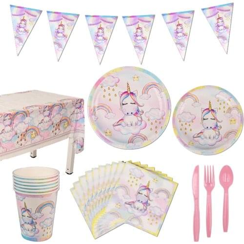 Unicorn Disposable Tableware Unicorn Party Supplies Paper Plate Cup Napkin Birthday Party Decor Kids Cake Topper Banner zz67