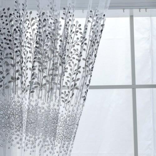 Leaf Printed Tulle Curtains Living Room Half Blackout Window Screen (Grey)