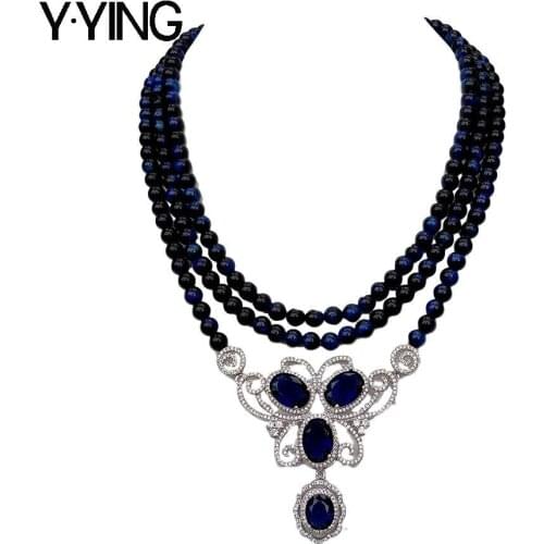 Y.YING 3 Strand Blue Round Tiger Eye choker Necklace CZ Pave pendant necklace 17"