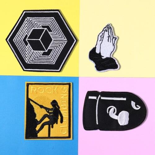 Put your hands together Mountaineering Patches Black hexagon Appliques Iron On Bullet Tooth Clothes Jeans Badges