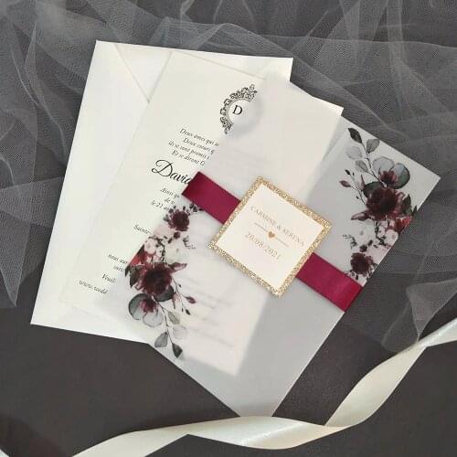 50X Burgundy Floral Tracing Wedding Invitation With Ribbon And Rose Gold Glitter Tag Vellum Wrap Greeting Cards For Quinceanera