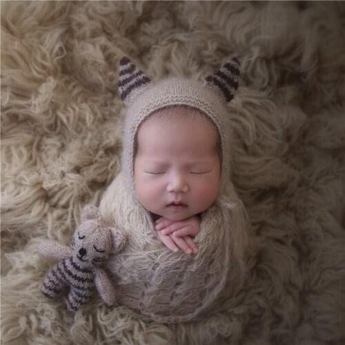 Newborn Shower Gift Vintage Mohair Bonnet Toy Set Knitted Kitty Hat Soft Baby Toy Crochet Posing Doll Newborn Cat Hat