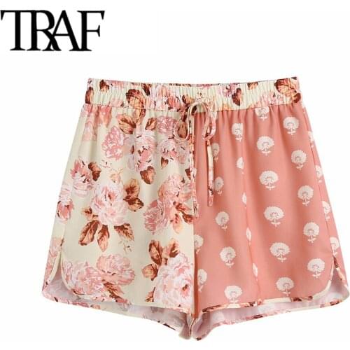 TRAF Women Fashion Patchwork Floral Print Shorts Vintage High Elastic Waist With Drawstring Female Short Pants Mujer