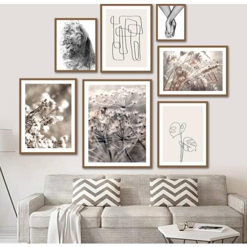 Hand In Hand Dried Flowers Dry Grass Line Wall Art Canvas Painting Nordic Posters And Prints Wall Pictures For Living Room Decor