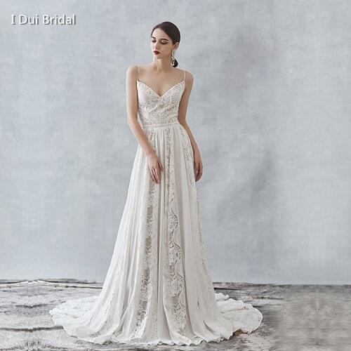 Boho Wedding Dress A Line with Lace Straps Spaghetti Strap Low Back Bohemian Bridal Gown Factory Custom Make