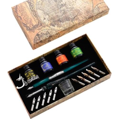 W3JD Vintage Dip Pens Fountain Writing Ink 10 Nibs Pen Holder Gift Box Calligraphy