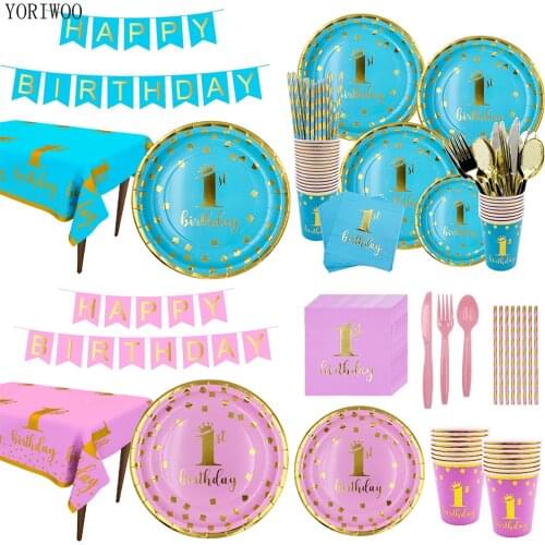 YORIWOO Baby Shower Boy Disposable Party Tableware Plate Girl 1st Birthday Party Decorations Kids Happy Birthday One Babyshower