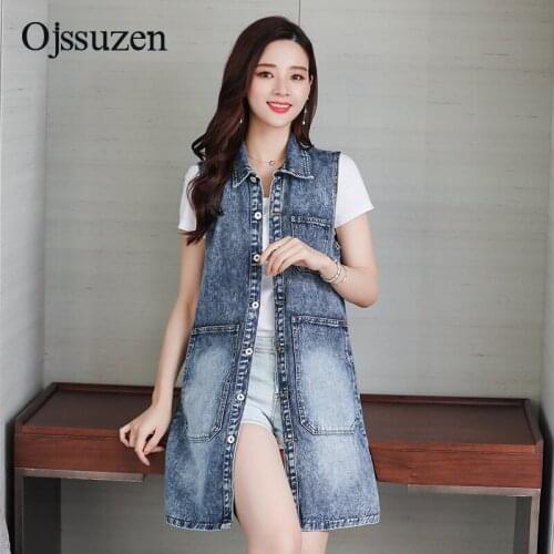Sleeveless Outerwear Denim Vests Women Long Washed Ripped Female Jeans Vest Woman With Pocket