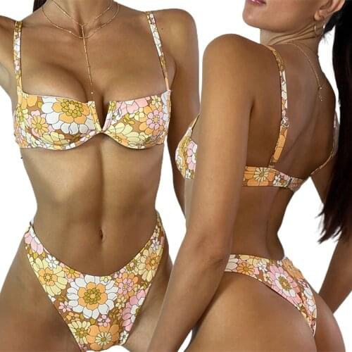 Women Bikini Set with Flower Pattern, Sexy V-neck Steel Ring Chest Pad Tropical Style Summer Clothing
