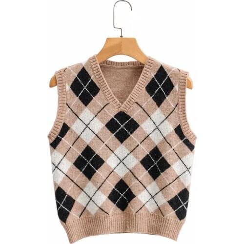 Foridol argyle knitted sweater vest women casual streetstyle button casual sweater pullovers vest khaki short vest autumn winter