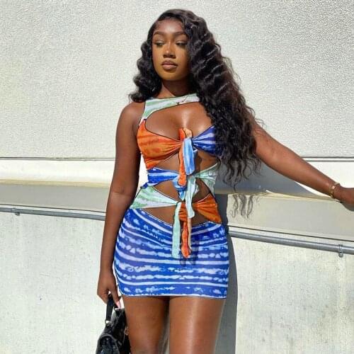 2021 Womens Lace-Up Hollow Tight-Fitting Short Skirt Casual Fashion Sexy Contrast Color Summer New Party Dress