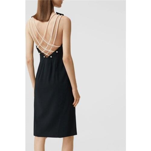 Chic Pearl Chain Backless Sexy Dress Black Bandage Sleeveless Beading Nightclub Party Female Dresses Vestidos Summer
