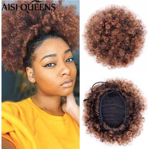 AISI QUEENS Synthetic Puff Afro Short Kinky Curly Chignon Hair Bun Drawstring Ponytail Wrap Hairpiece Fake Hair Extensions