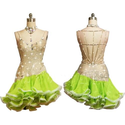 Shiny Rhinestones Latin Dance Skirt Women Sexy Backless Fluorescent Green Latin Dance Dress Performance Competition Clothing