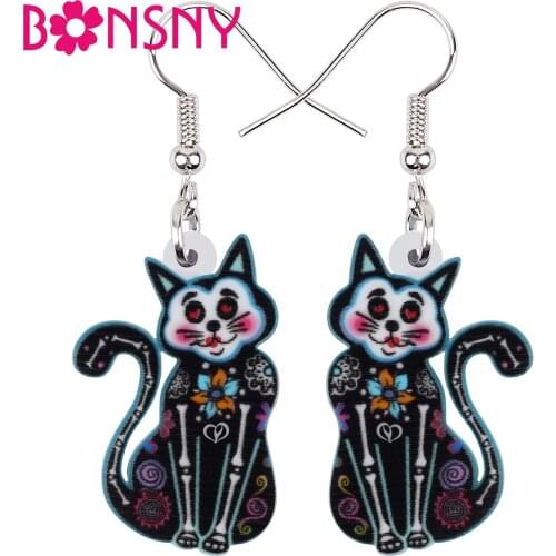 BONSNY Halloween Acrylic Cute Flowers Skull Skeleton Cat Earrings Fashion Drop Dangle Novelty Jewelry For Women Girl Teens Gifts