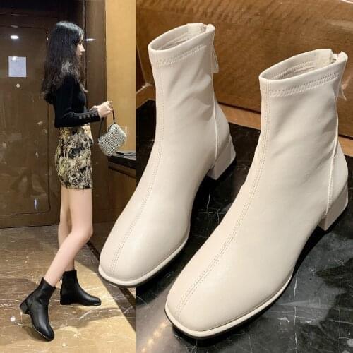 Large Size Boots Square Toe Martin Boots Womens Short Boots 2021 Spring New Soft Leather Mid-heel Plus Velvet Shoes