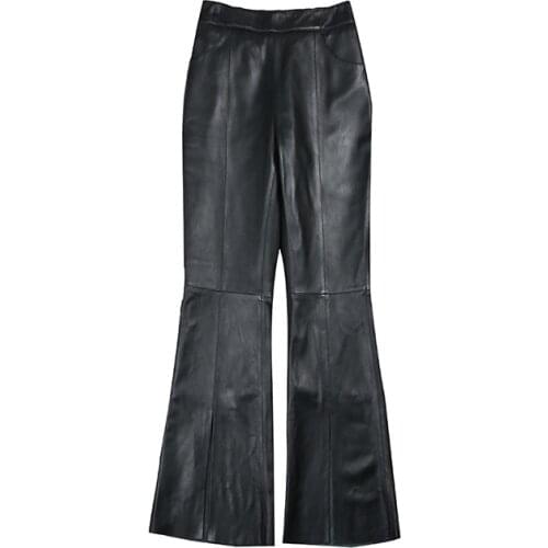 Real Leather Sheepskin Long Flare Pants Womens Bodycon Black Skinny Trousers Womans Ladies Bell-bottomed Pants Bandage Spring