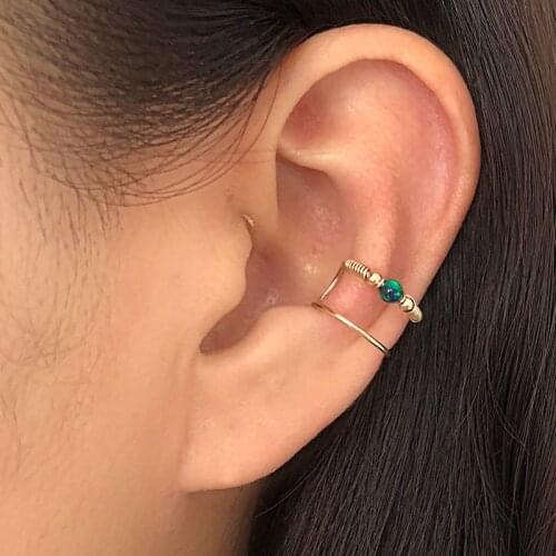 Domino Handmade Opal Ear Cuff double wire wrapping cuff No Piercing Double Cuff Cartilage Cuff