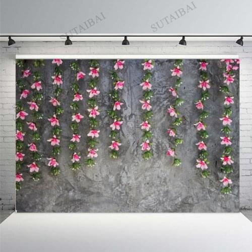 Photography Backdrop Retro Gray Brick Flowers Curtain Wall Background Newborn Baby Shower Portrait Photo Studio Photocall Banner