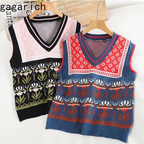 Gagarich Woman Sweater Vest Autumn New Ins Fashion Korea Loose Color Contrast V-neck Floral Print Sleeveless Female Knitting Top