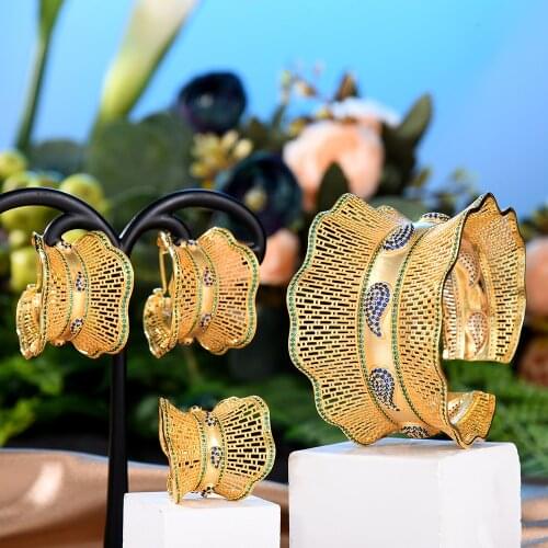 GODKI Luxury Hollow Lace 3PCS Bracelet Ring Earring Set For Women Wedding Bridal Zircon African/Indian/Dubai Bridal Jewelry Set