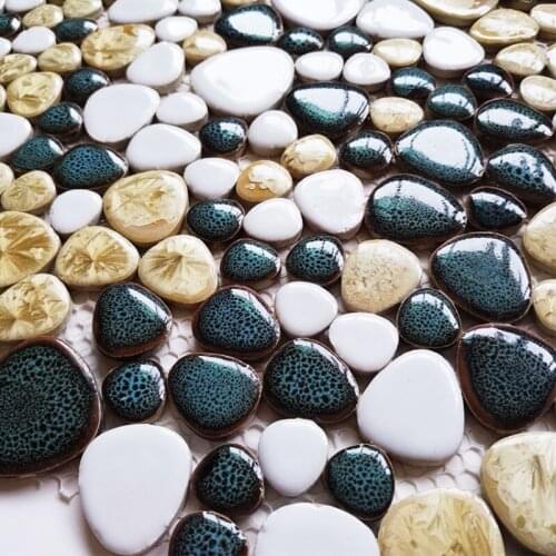 Peacock Green White Pebble Ceramic Mosaic Tile, DIY kitchen backsplash bathroom shower garden pool floor tile wall brick