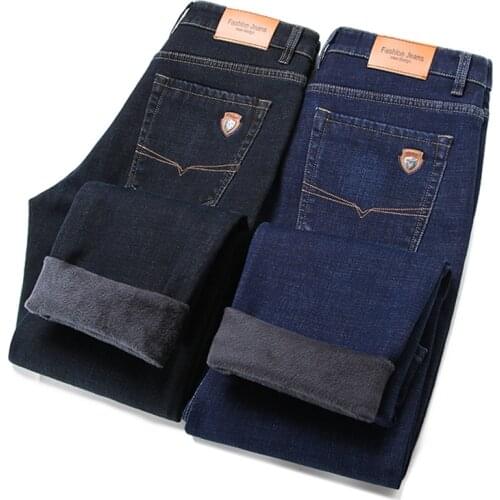 Classic Fashion Plus Velvet Padded Jeans 2021 Winter New Warm Stretch Loose Denim Trousers Male High-End Brand Fleece Slim Pants