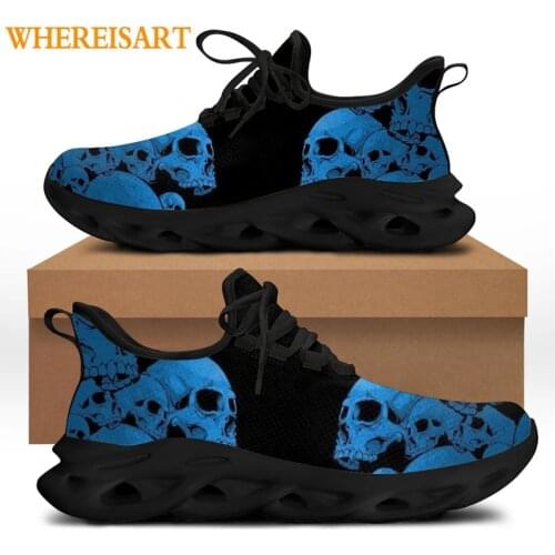 WHEREISART Cool Skull Sneaker 2021 Fashion New Vulcanized Shoes for Men Gothic Blue Skull Design Lace-up Flats Sport Footwear