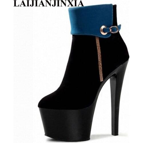 LAIJIANJINXIA New Women Fetish Ankle Boots Sexy Super High Heel Platform Boots Crocodile Print Shiny Party Wedding Female Shoes