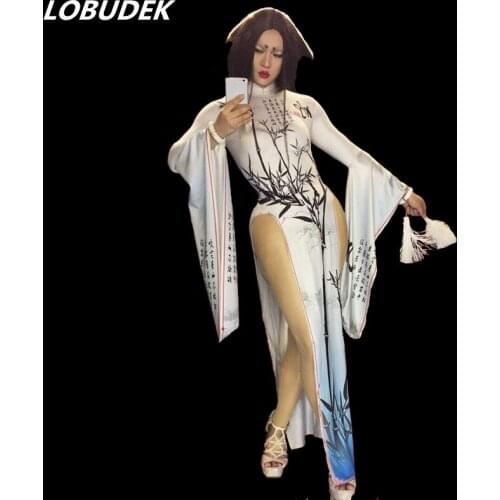 New Pagoda sleeve white Chinese Style one piece dress Nightclub Bar singer Costumes Prom Party dancing performance costume