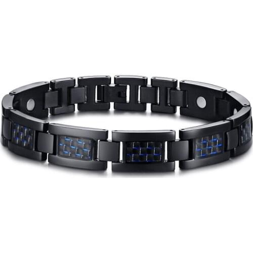 Wholesale handmade black titanium and blue carbon fiber bracelet for men