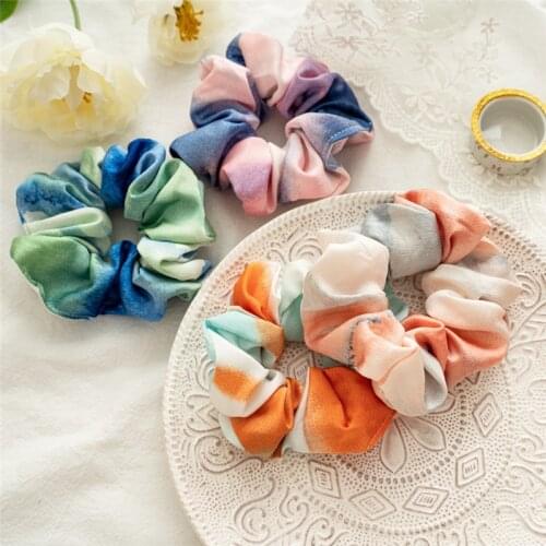 Boho Tie-Dye Ink Print Elastic Hair Tie Trendy Scrunchies Hair Band For Women Girl Chiffon Ponytail Holder Hair Rope Accessories