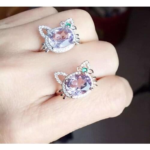 Lovely Cat Natural And Real Amethyst Wedding Engagement Rings For Women 925 Sterling Silver Ring