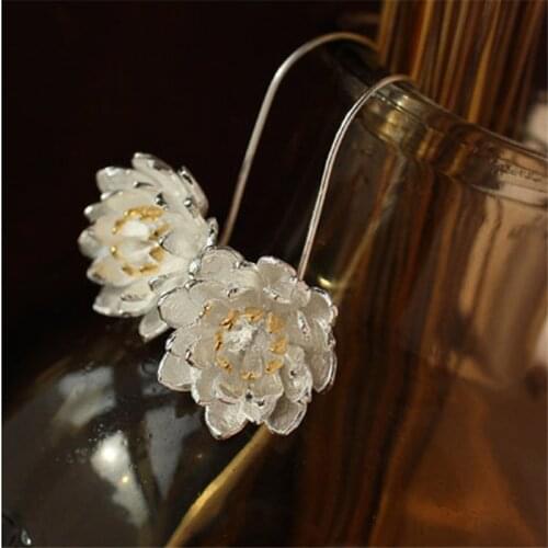 925 Sterling Silver Handmade Lotus Flower Hook Earrings Double Color Wire Drawing Earrings Jewelry For Women S-E124