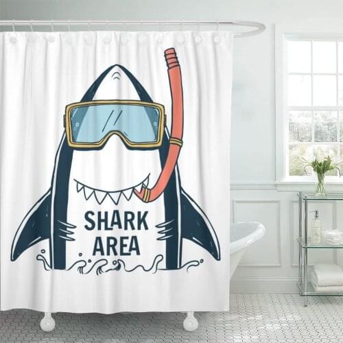 Blue Graphic Shark Typo and Sea Summer Animal Attack Shower Curtain Waterproof 72 x 72 Inches Set with Hooks