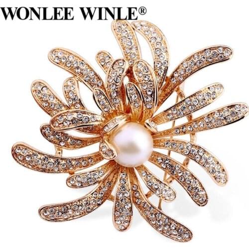 Wonlee Winle TOP Quality Full Rhinestone Austria Crystal Pearl Flower Brooches for Women Fashion Jewelry