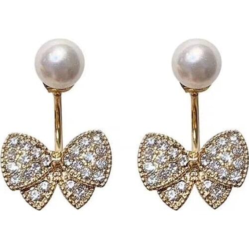South Korea Refined Rhinestone Bow Stud Earrings Insto Make Round Face Thin-looked Fashion Pearl Earrings Vintage Earrings