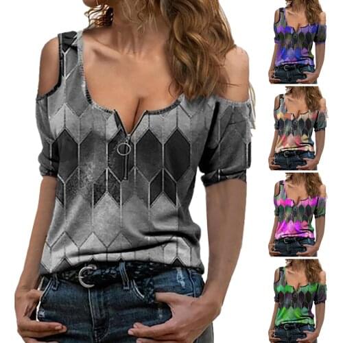 Fashion Womens Sexy Deep V Zipper Blouse Casual Plaid Print Short Sleeve Tee Shirt Summer Female Off Shoulder Vintage Crop Tops