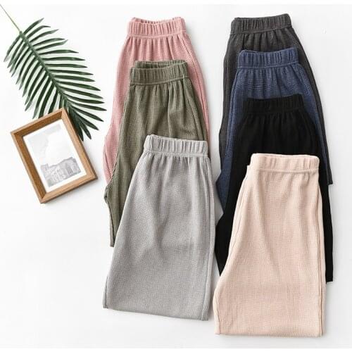 Sanderala Women Cotton Pajama Pants Autumn 2019 Elastic Pants Lattice Trousers Waist Solid Pajamas Bottom Home Sleep Underwear