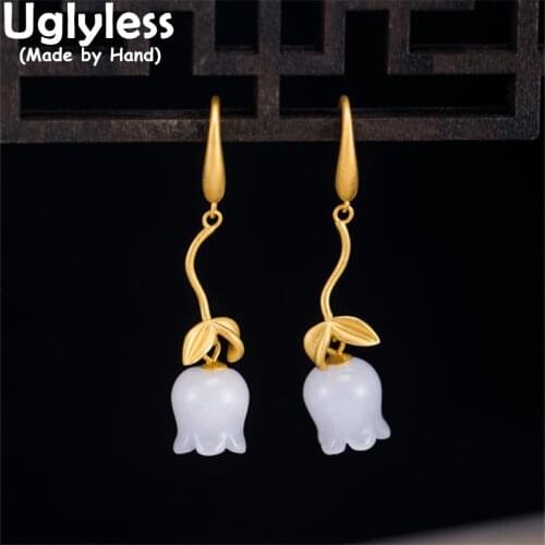 Uglyless Lily of the valley Elegant Flowers Earrings for Women Natural Jade Floral Jewelry Romantic French Brincos 925 Silver